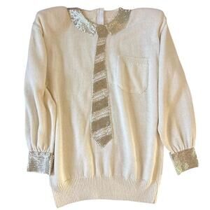 Sequin Trim Cream Women's Sweater